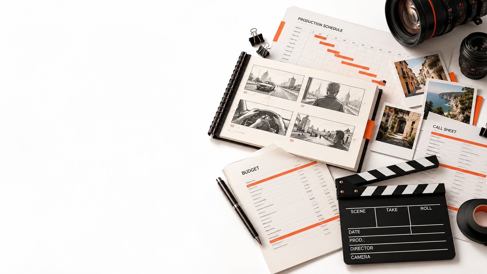 Production storyboard, schedule, budget, call sheet, cinema lenses and slate arranged on a bright studio surface